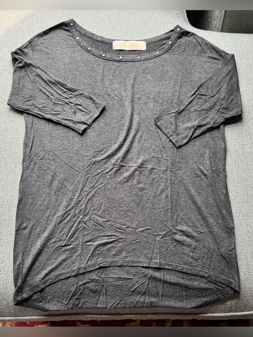 Lulu’s Charcoal Gray Studded Neck 3/4 Sleeve Top Size S NWOT